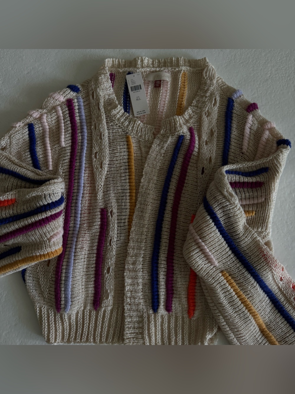 Pilcro Cream Open-Knit Crewneck Sweater with Multicolor Stripes